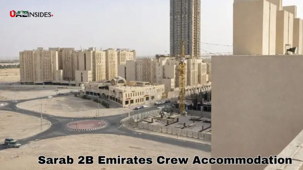 How far is Sarab 2B Emirates crew accommodation from Dubai International Airport (DXB)